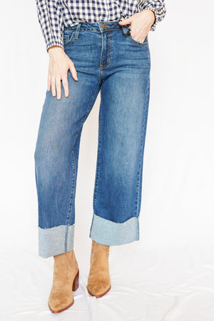 Scissor Cut Cuffed Wide Leg Denim Jeans