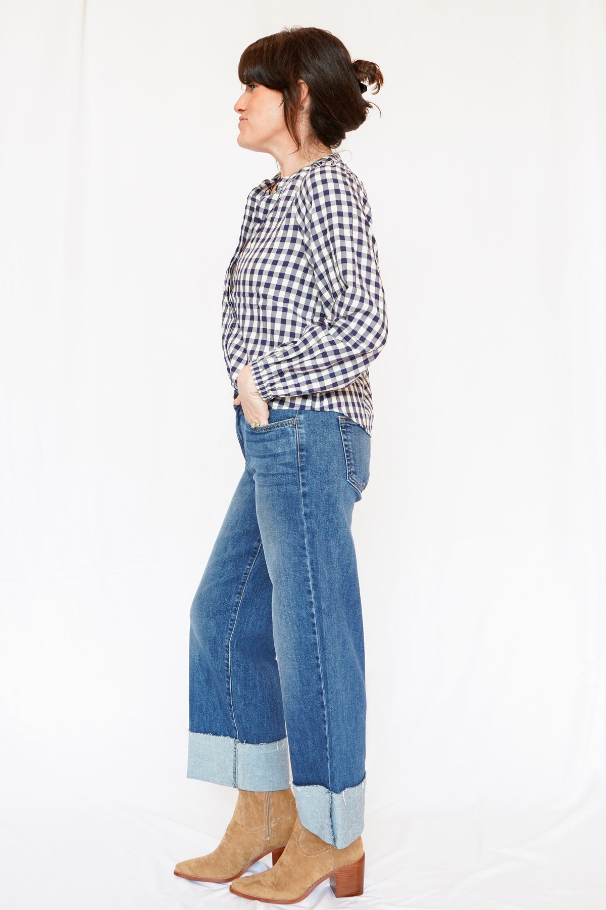 Scissor Cut Cuffed Wide Leg Denim Jeans
