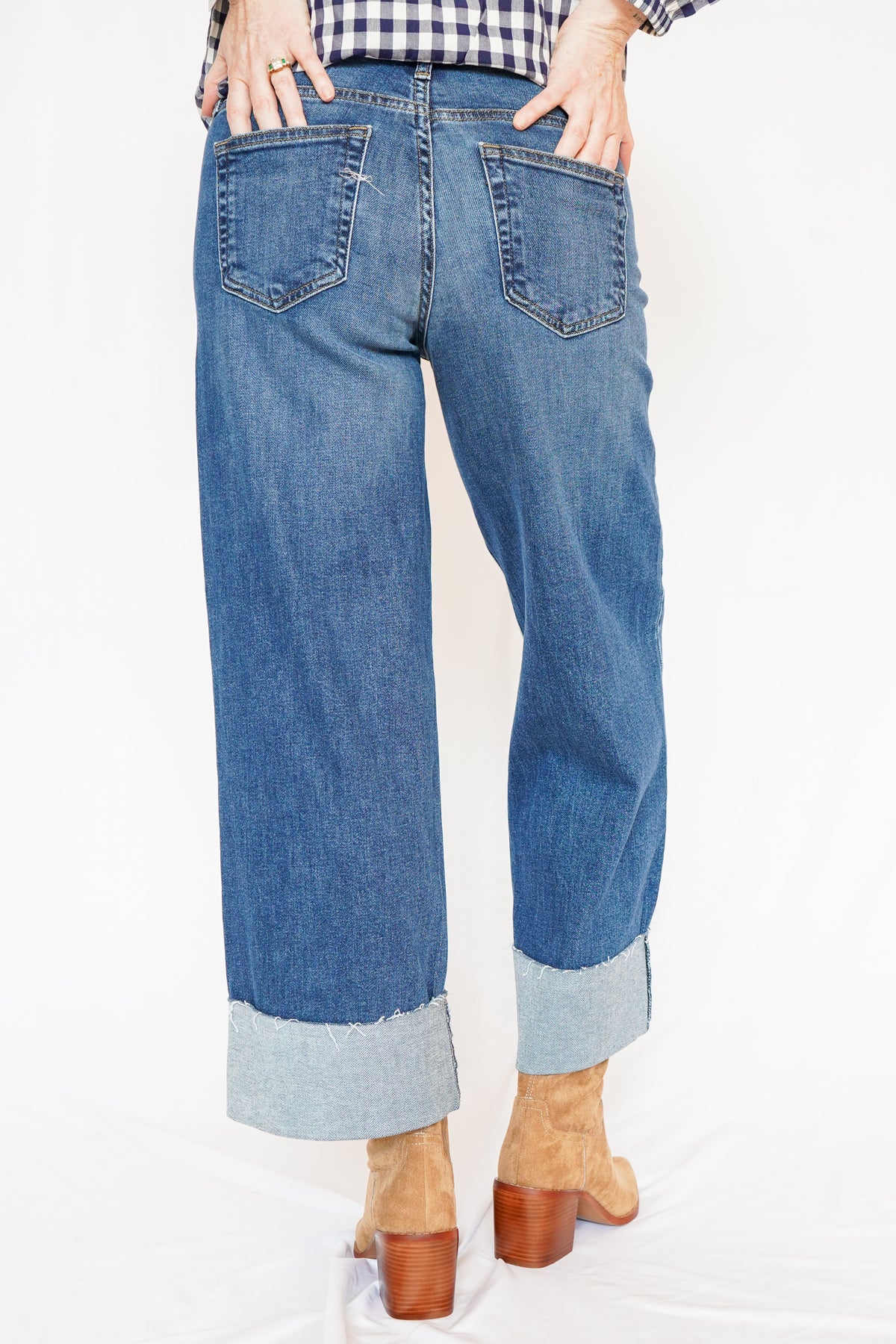 Scissor Cut Cuffed Wide Leg Denim Jeans