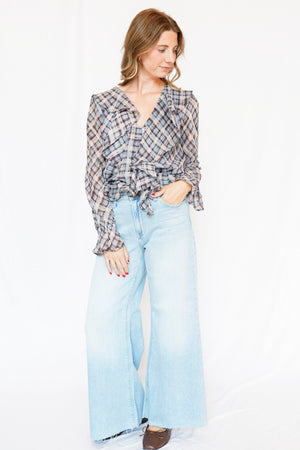 Kennedy Ruffle Peplum Top in Blue Plaid