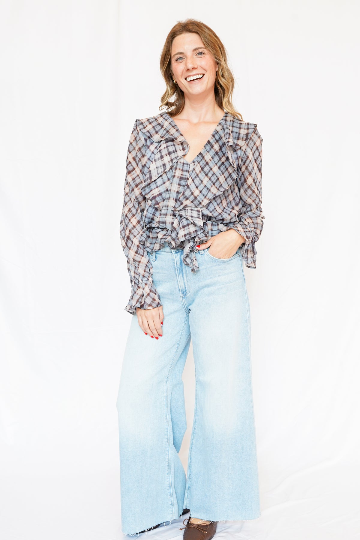 Kennedy Ruffle Peplum Top in Blue Plaid