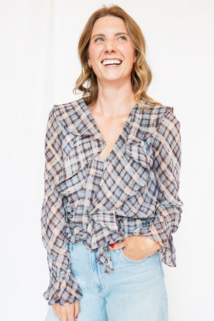 Kennedy Ruffle Peplum Top in Blue Plaid