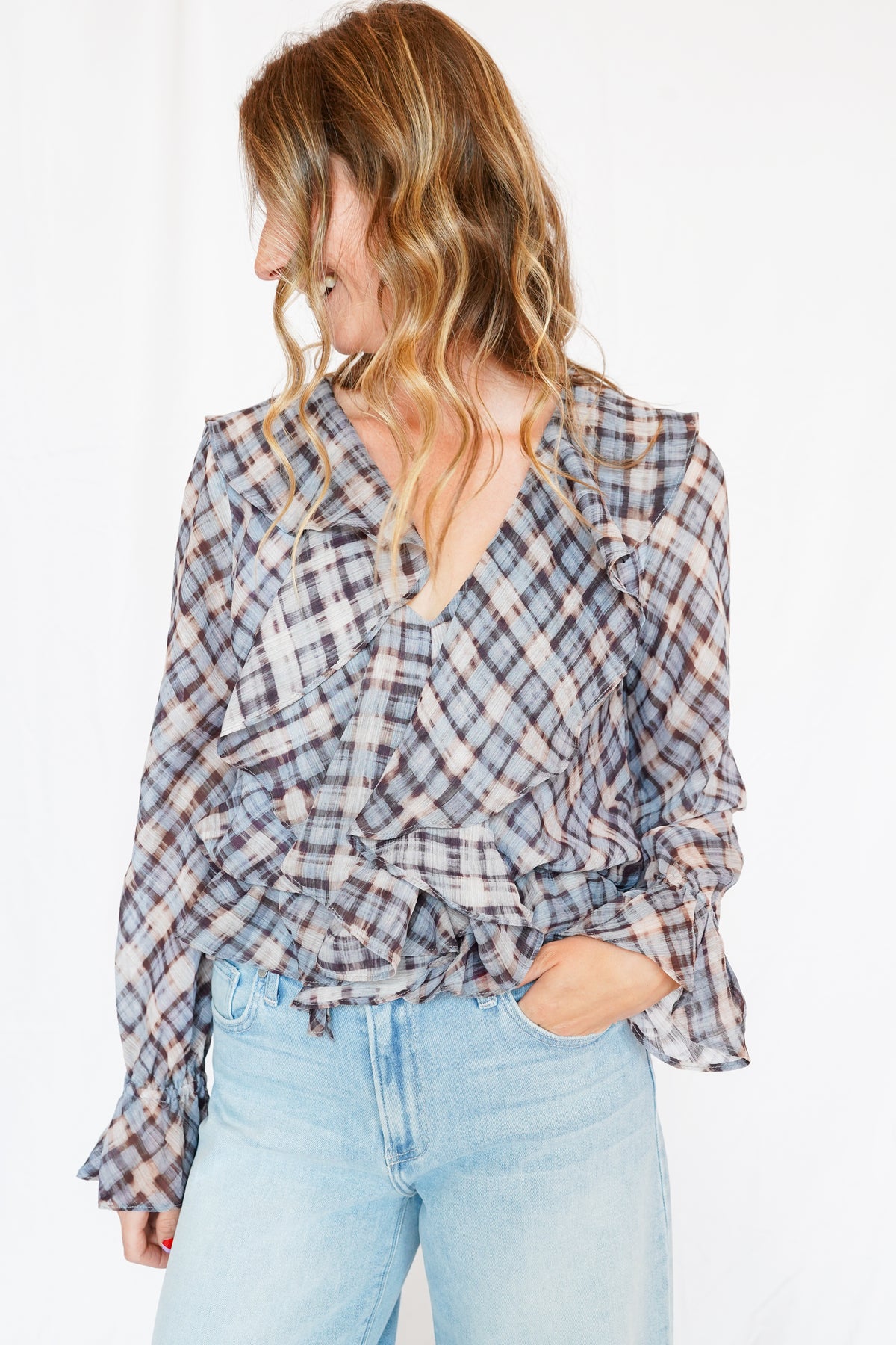 Kennedy Ruffle Peplum Top in Blue Plaid