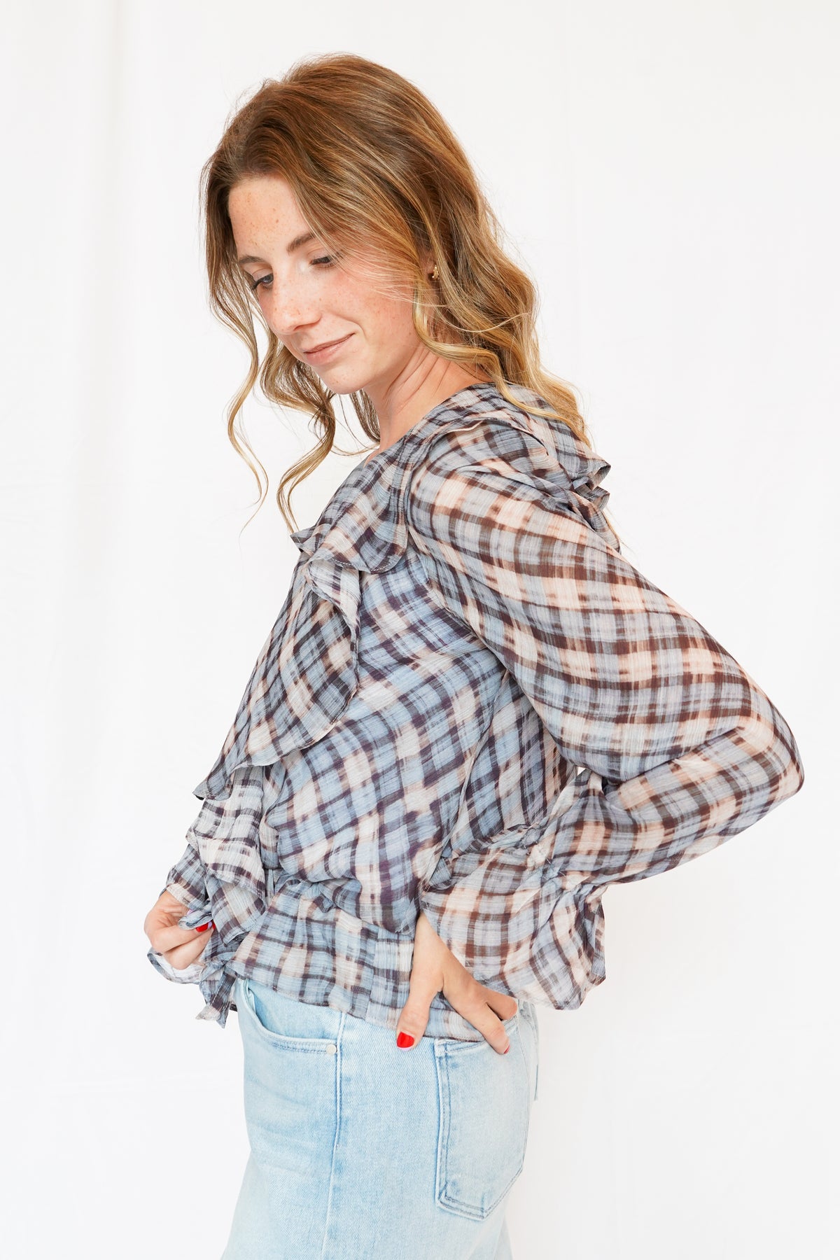 Kennedy Ruffle Peplum Top in Blue Plaid