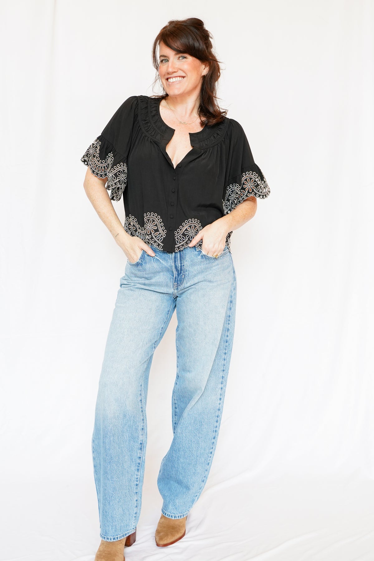 Isaly Contrast Embroidery Blouse in Black