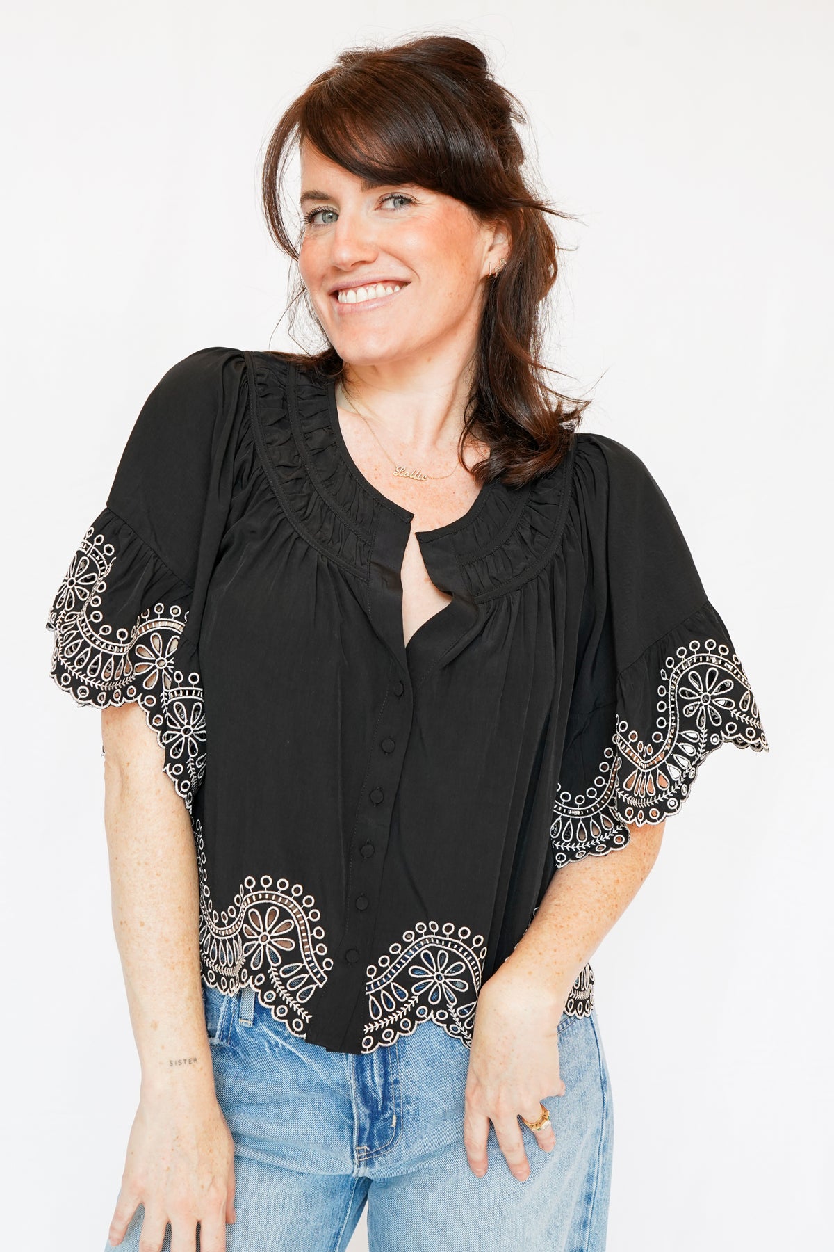 Isaly Contrast Embroidery Blouse in Black