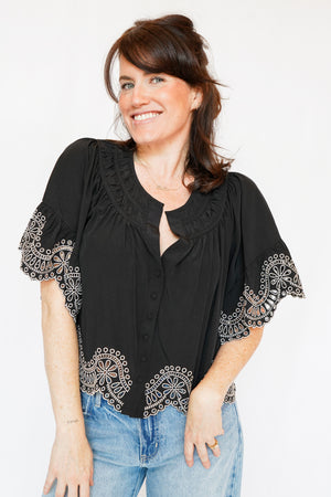 Isaly Contrast Embroidery Blouse in Black