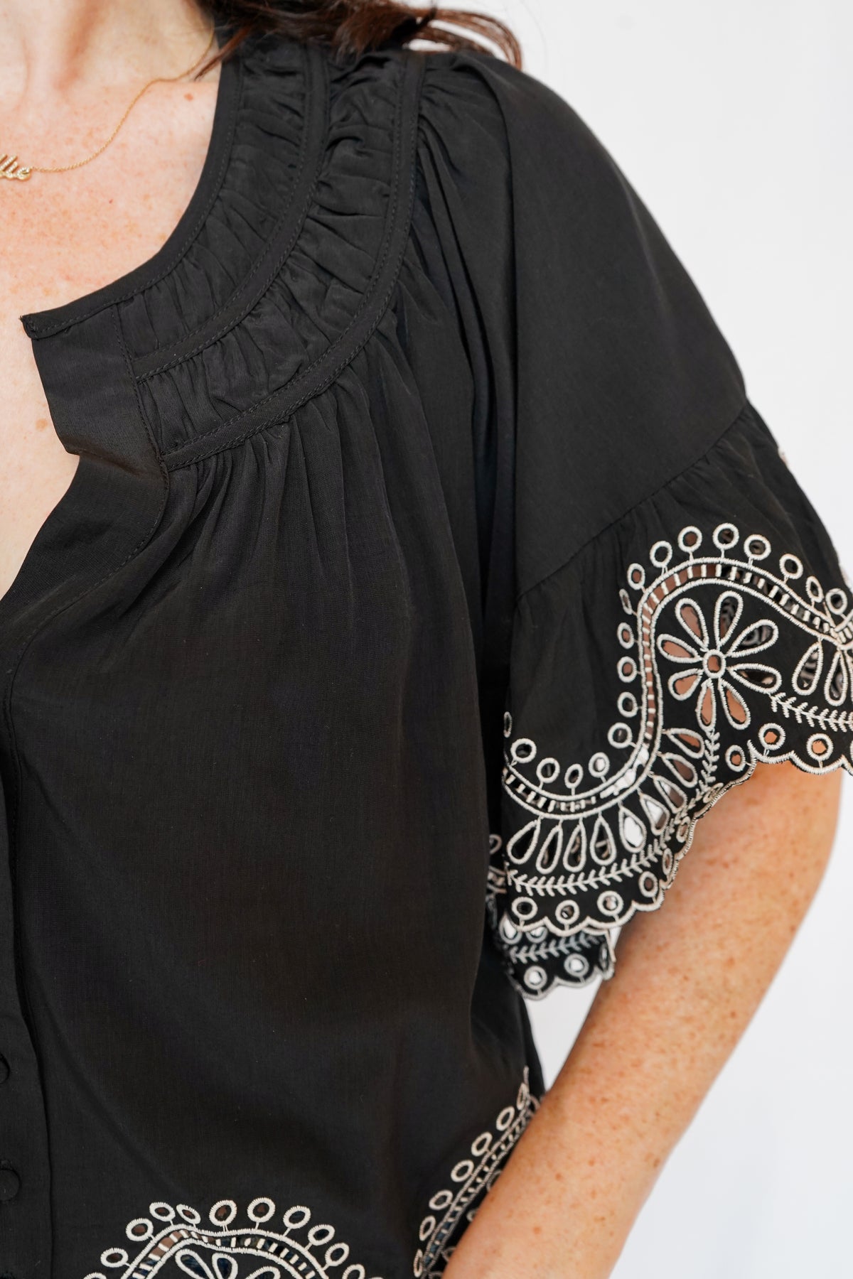 Isaly Contrast Embroidery Blouse in Black
