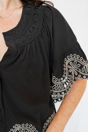 Isaly Contrast Embroidery Blouse in Black