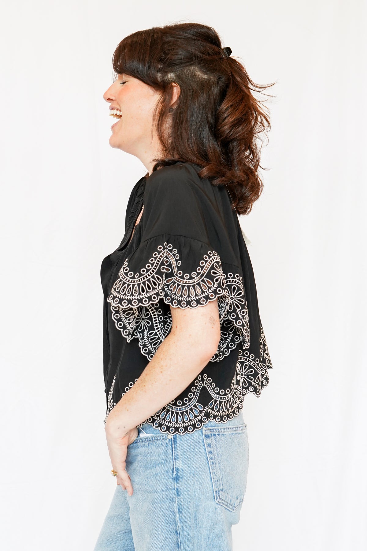 Isaly Contrast Embroidery Blouse in Black