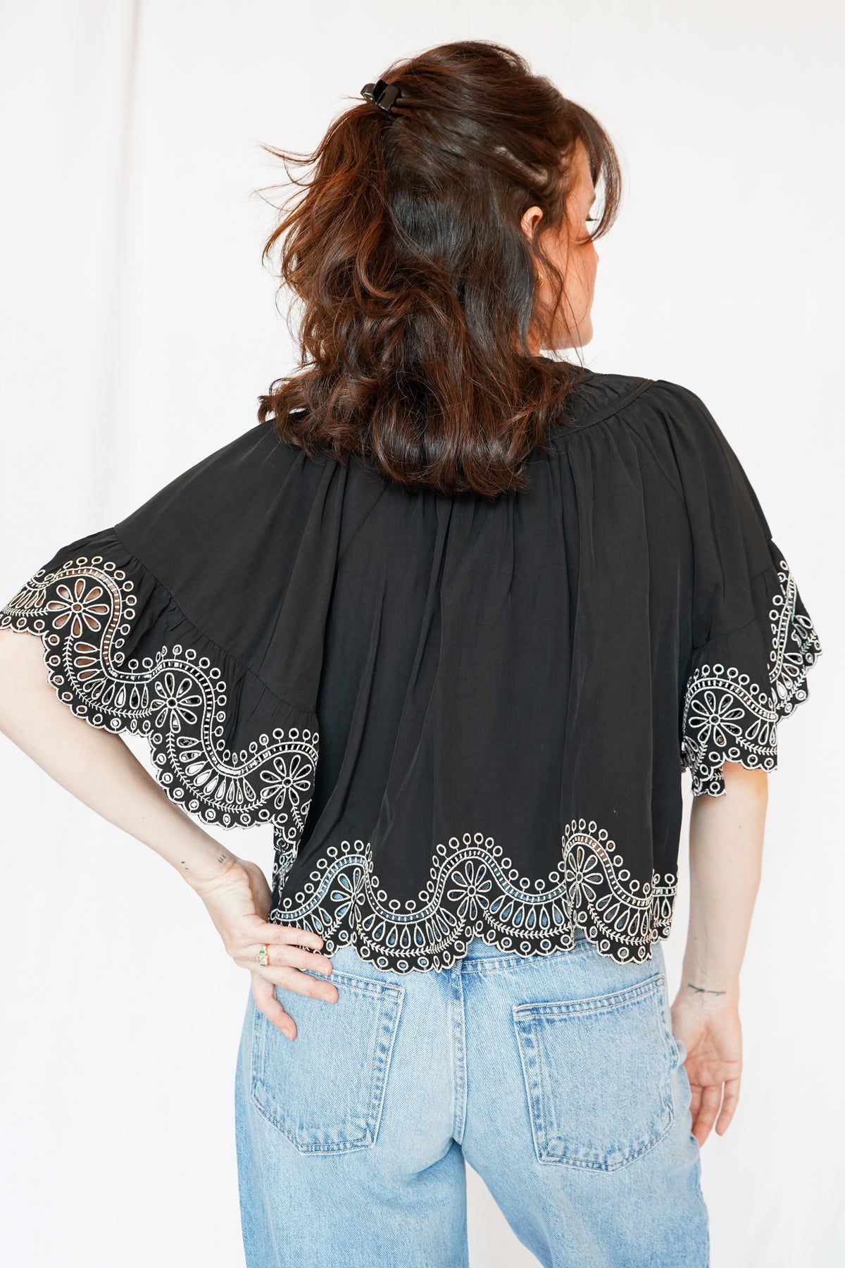 Isaly Contrast Embroidery Blouse in Black