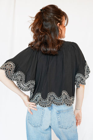 Isaly Contrast Embroidery Blouse in Black
