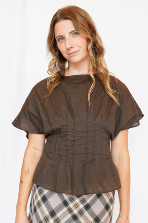 Simone Pleated Top in Chocolate Brown