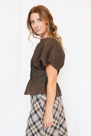 Simone Pleated Top in Chocolate Brown