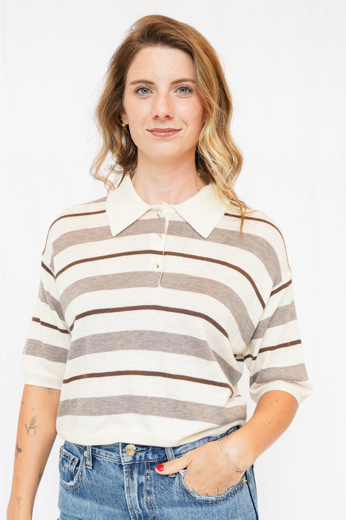 Scottie Sweater in Cream Brown Stripe