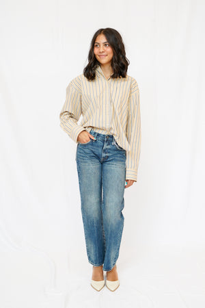 Good American The Poplin Easy Shirt in Dune Stripe