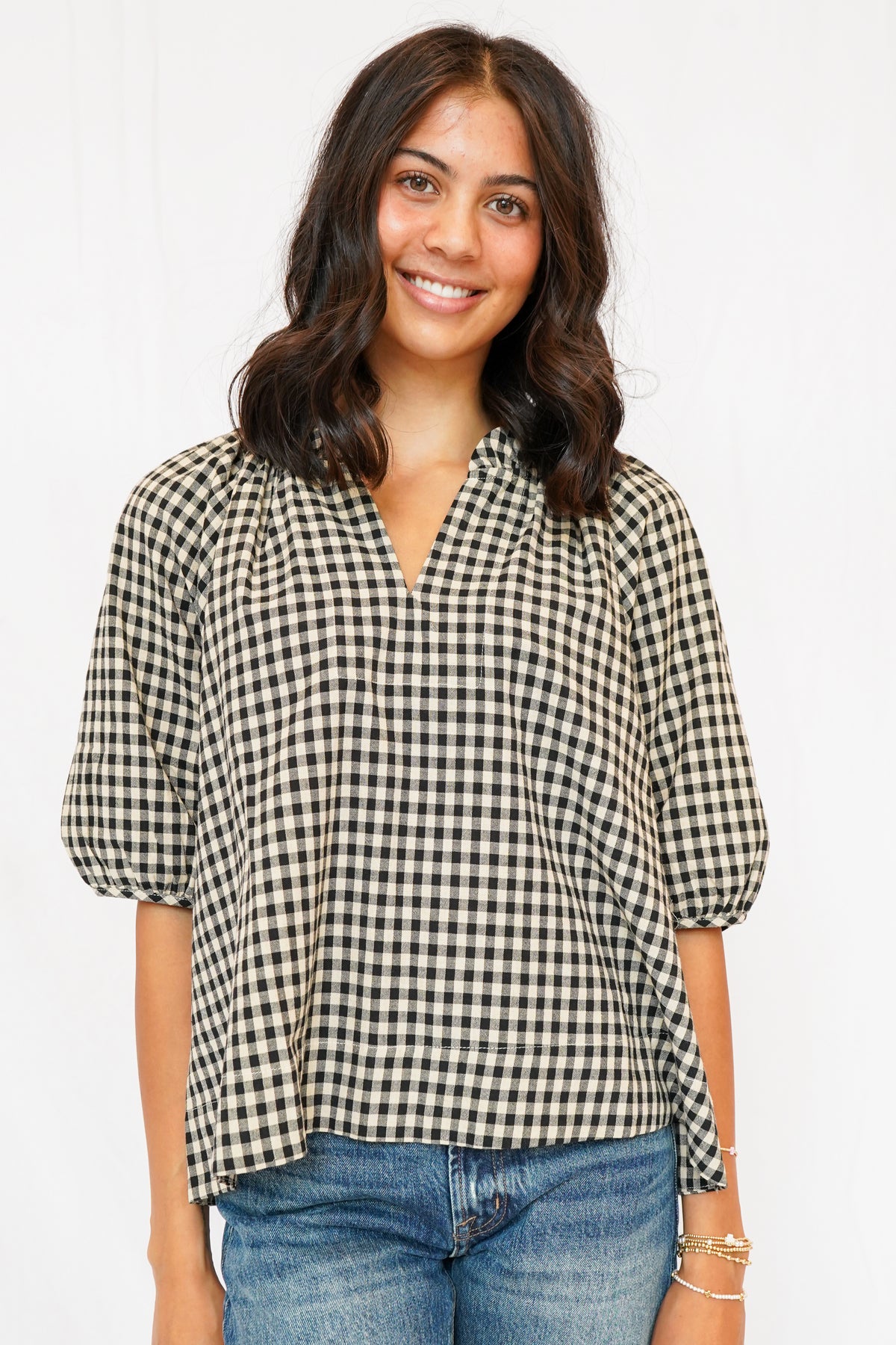 Alex Split Neck Blouse in Black Gingham