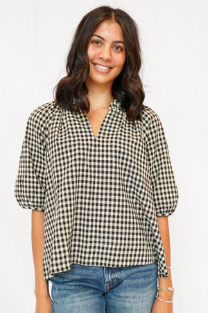 Alex Split Neck Blouse in Black Gingham