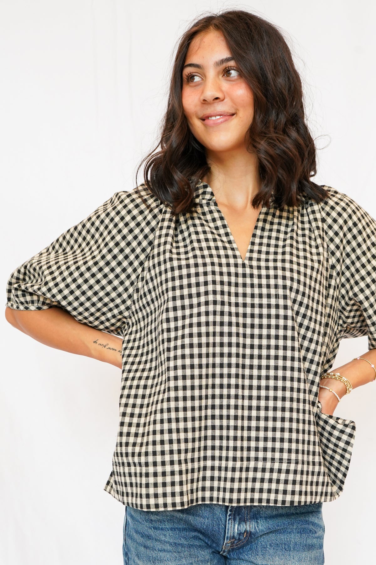 Alex Split Neck Blouse in Black Gingham