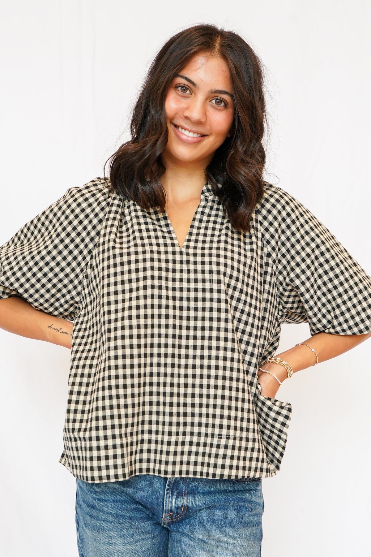 Alex Split Neck Blouse in Black Gingham