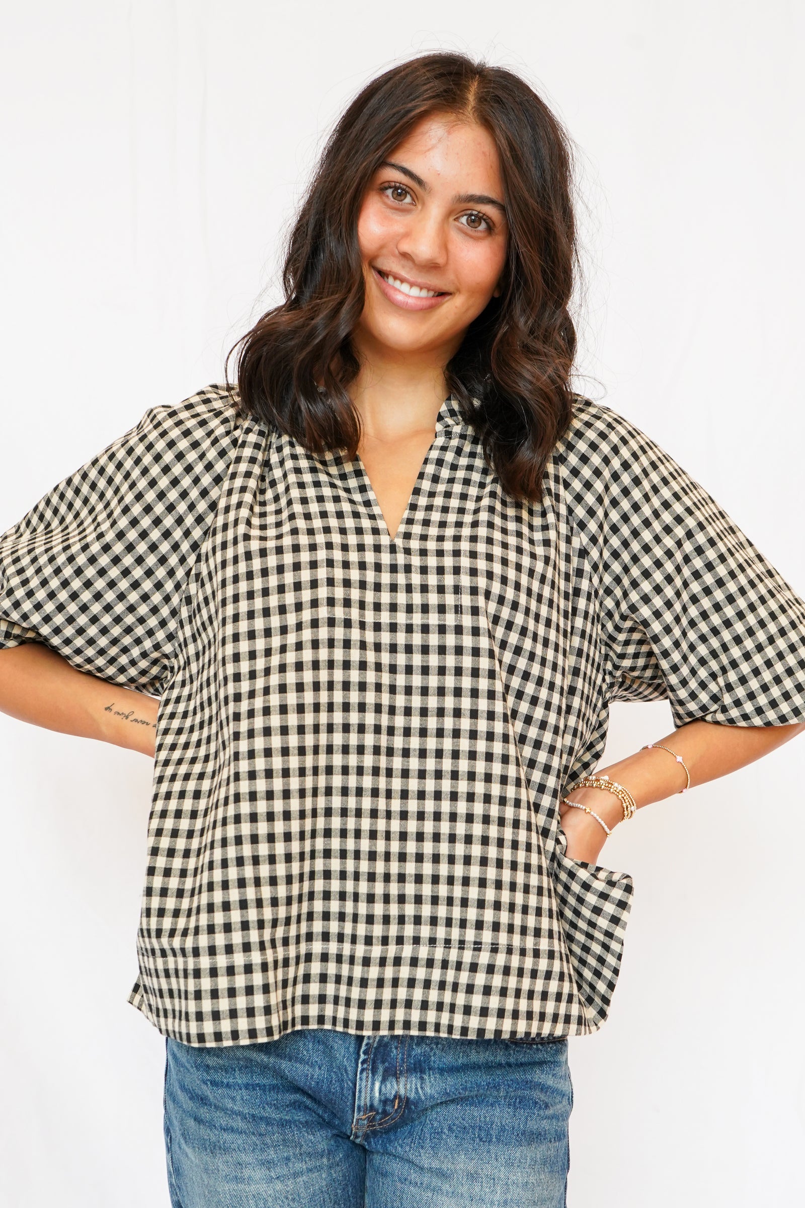 Alex Split Neck Blouse in Black Gingham