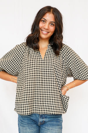 Alex Split Neck Blouse in Black Gingham