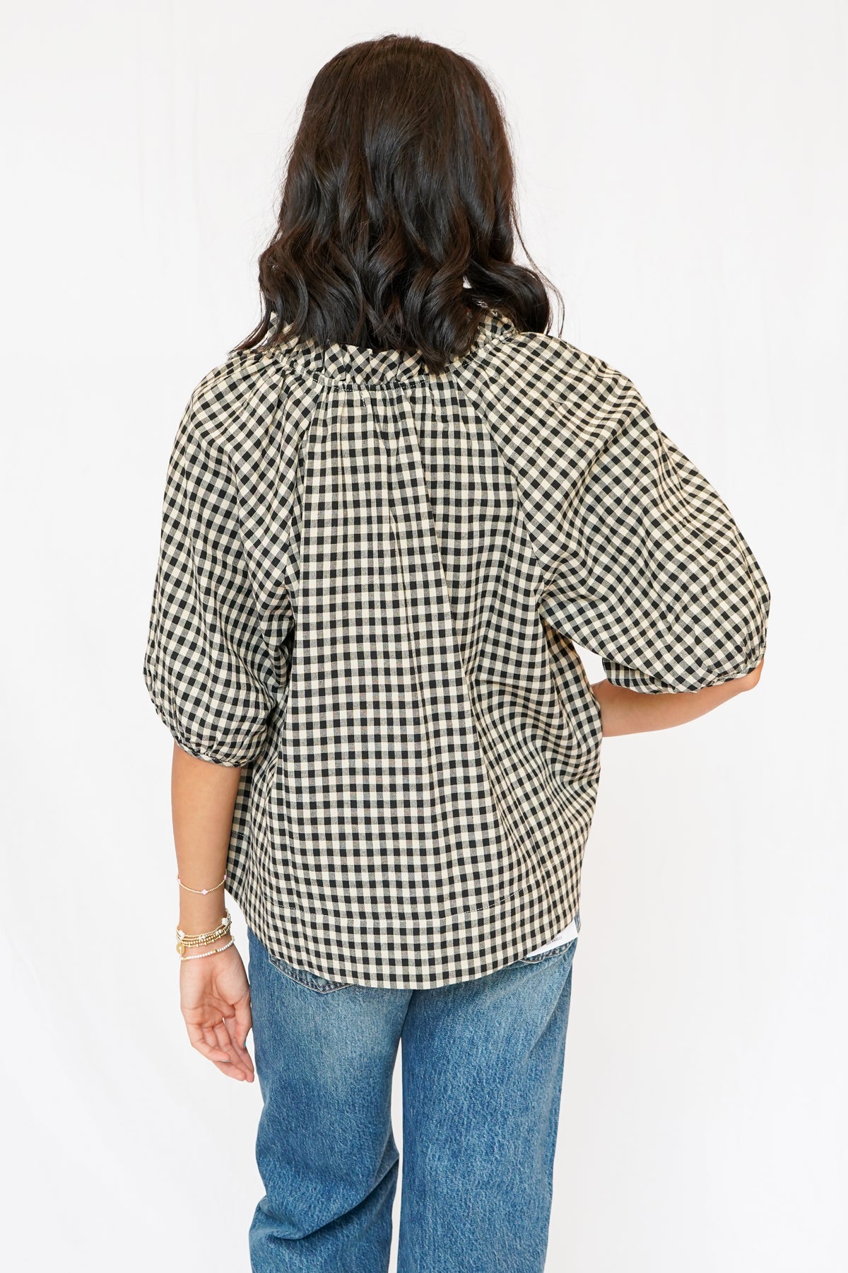 Alex Split Neck Blouse in Black Gingham