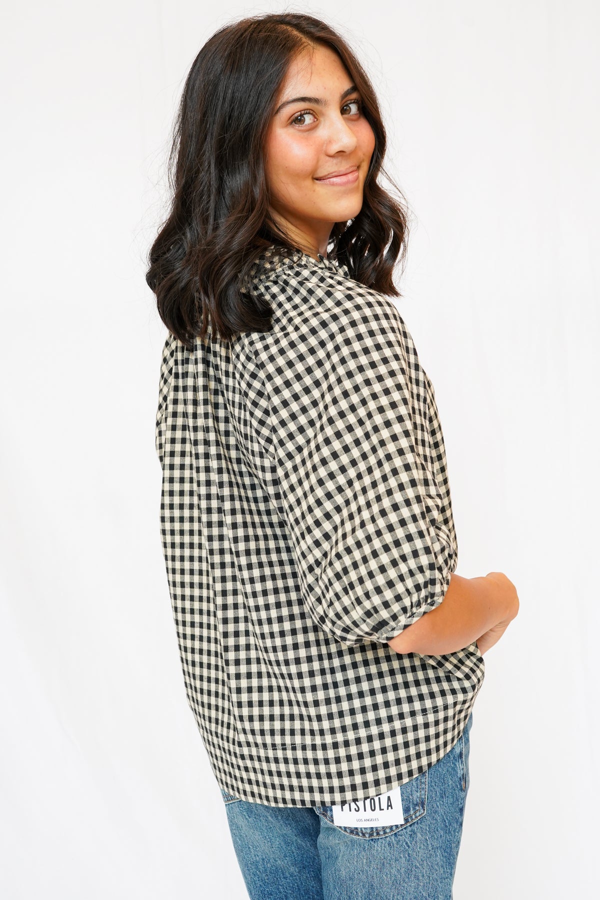 Alex Split Neck Blouse in Black Gingham