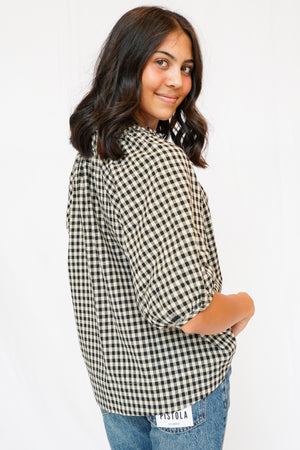 Alex Split Neck Blouse in Black Gingham