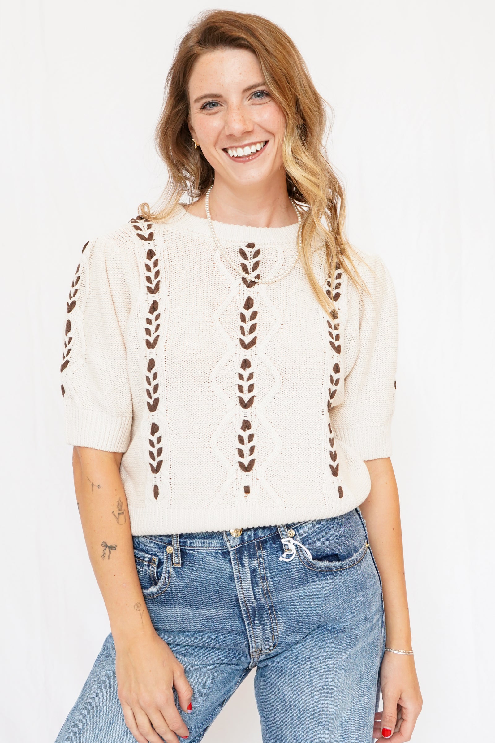 Annie Contrast Stitch Knit Sweater in Natural Chocolate