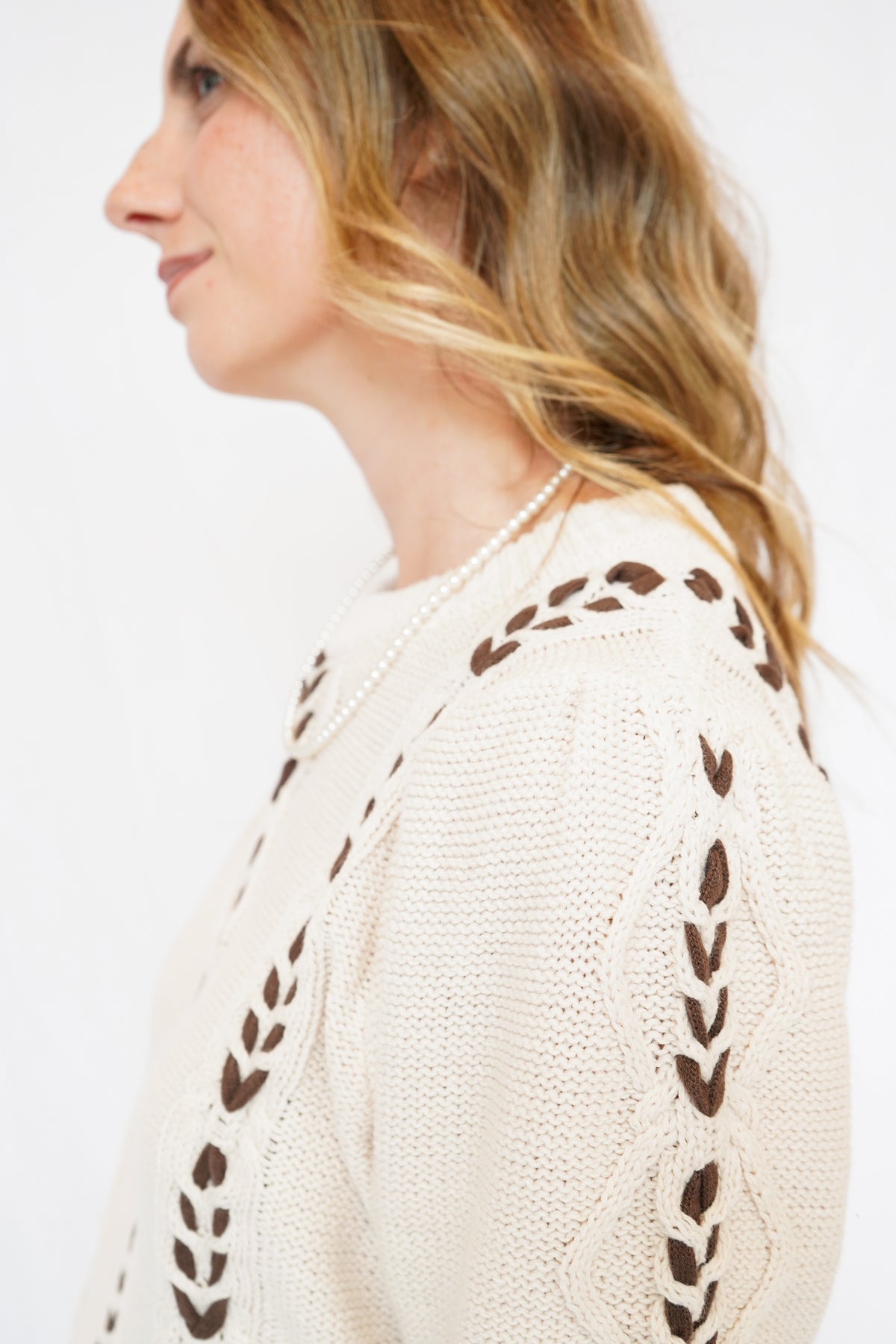 Annie Contrast Stitch Knit Sweater in Natural Chocolate