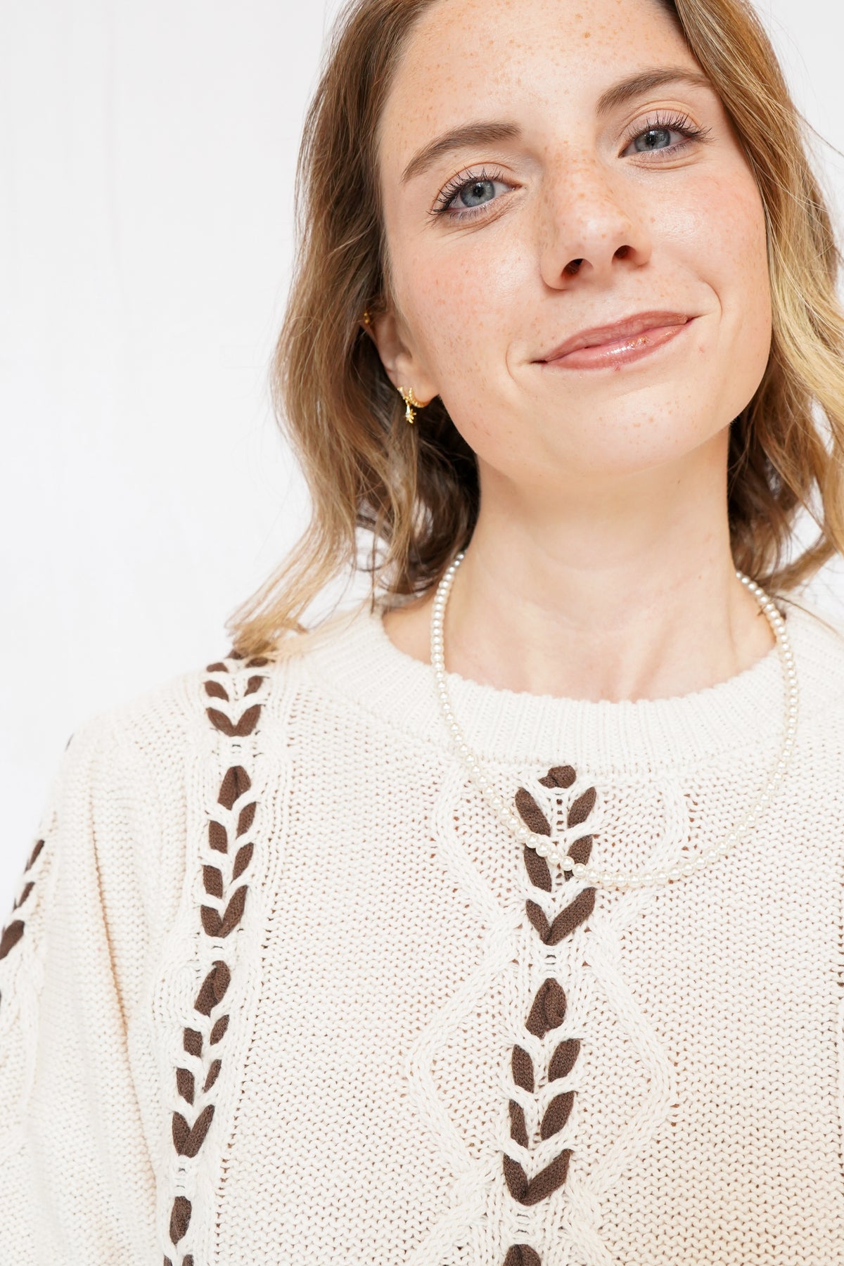 Annie Contrast Stitch Knit Sweater in Natural Chocolate