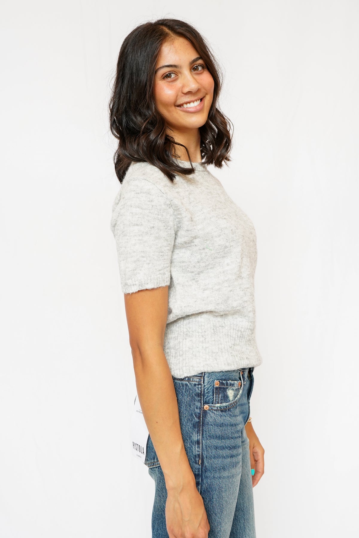 Off Duty Round Neck Short Sleeve Sweater in Grey