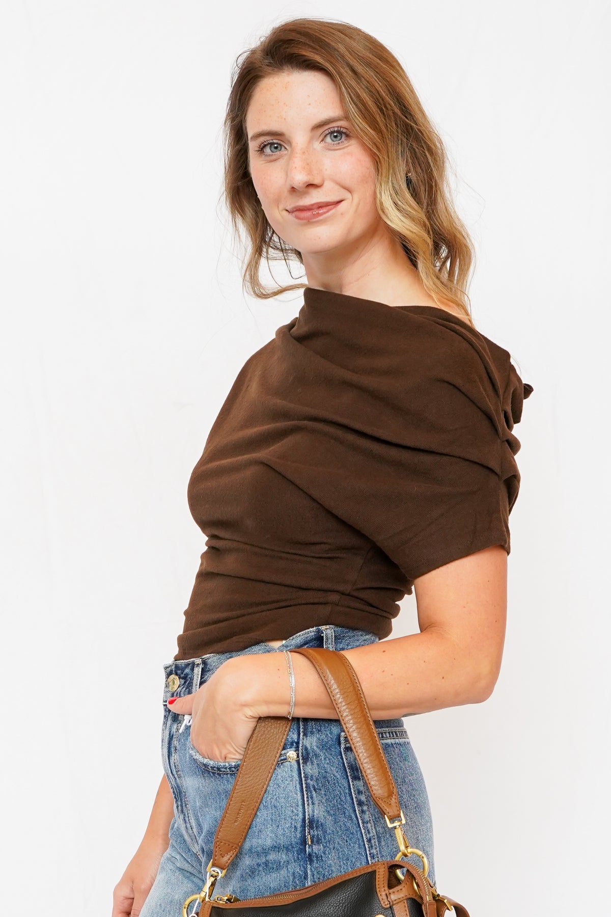 Sally Solid Off Shoulder Drape Top in Brown