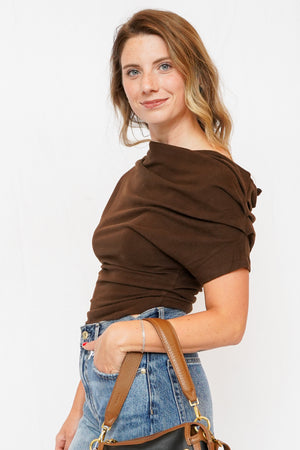 Sally Solid Off Shoulder Drape Top in Brown