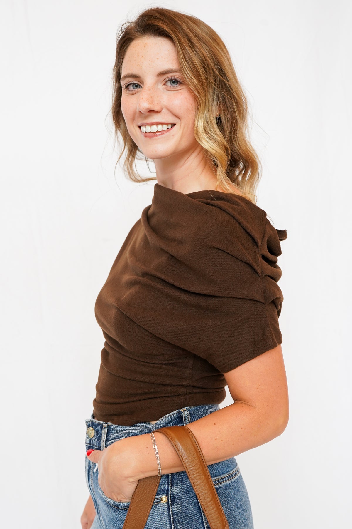 Sally Solid Off Shoulder Drape Top in Brown