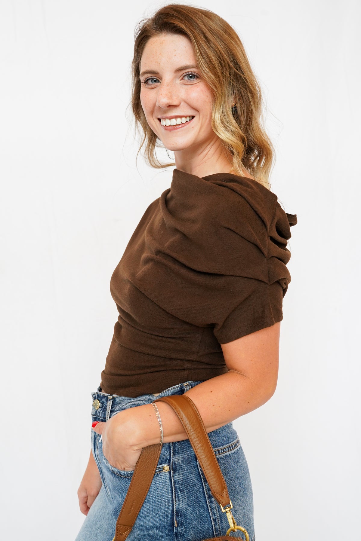 Sally Solid Off Shoulder Drape Top in Brown