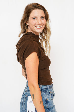 Sally Solid Off Shoulder Drape Top in Brown