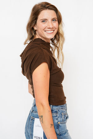Sally Solid Off Shoulder Drape Top in Brown