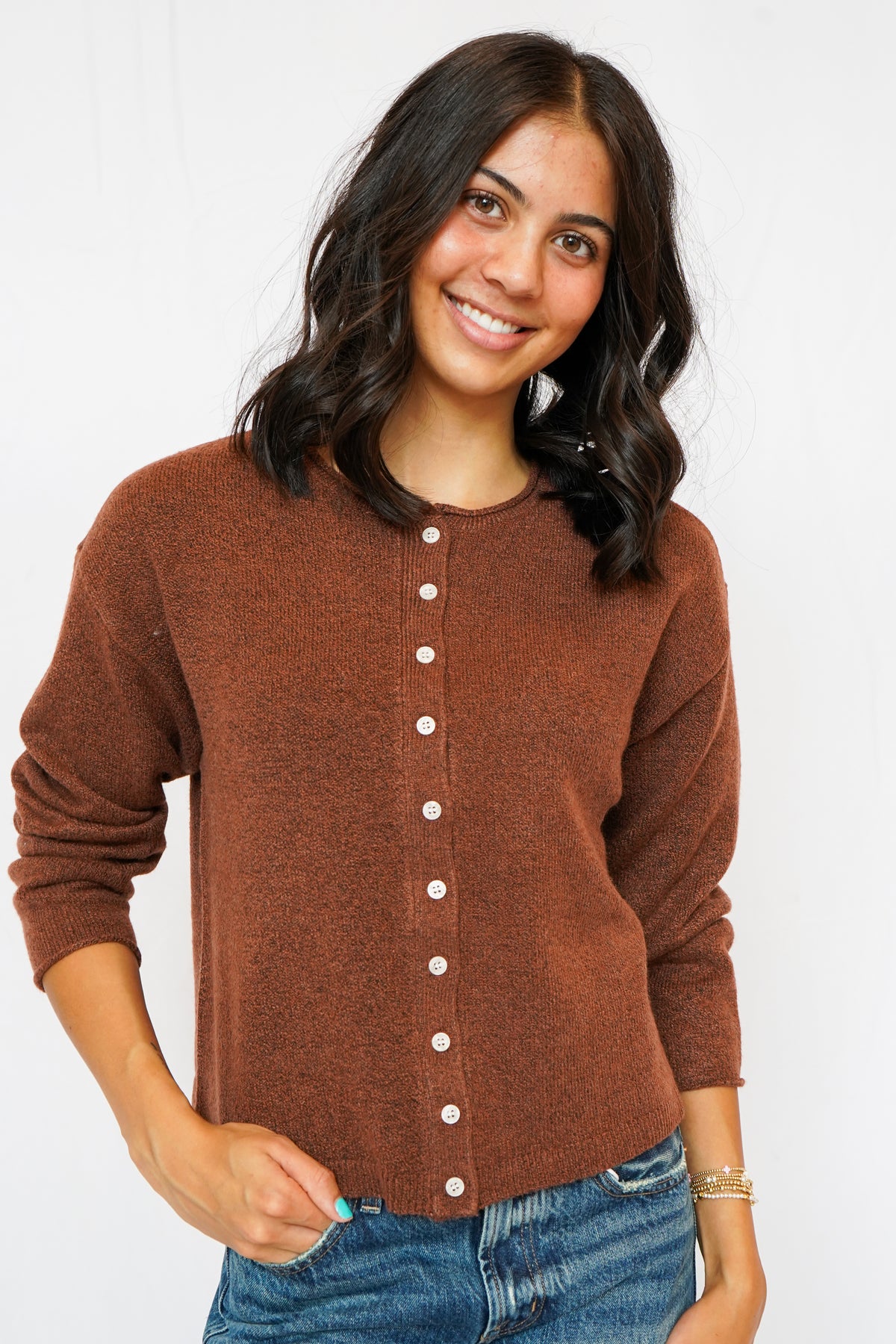 Dover Button Front Cardigan Sweater in Heather Mahogany