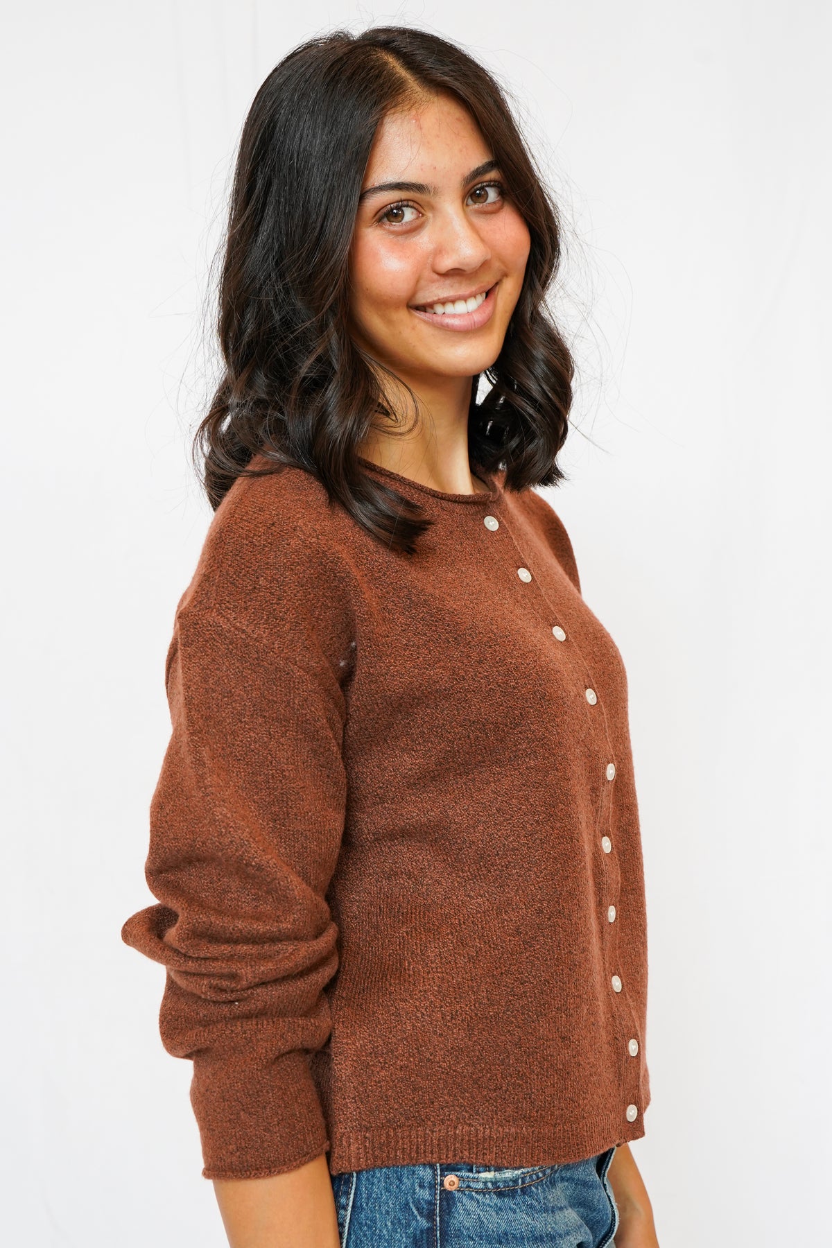 Dover Button Front Cardigan Sweater in Heather Mahogany