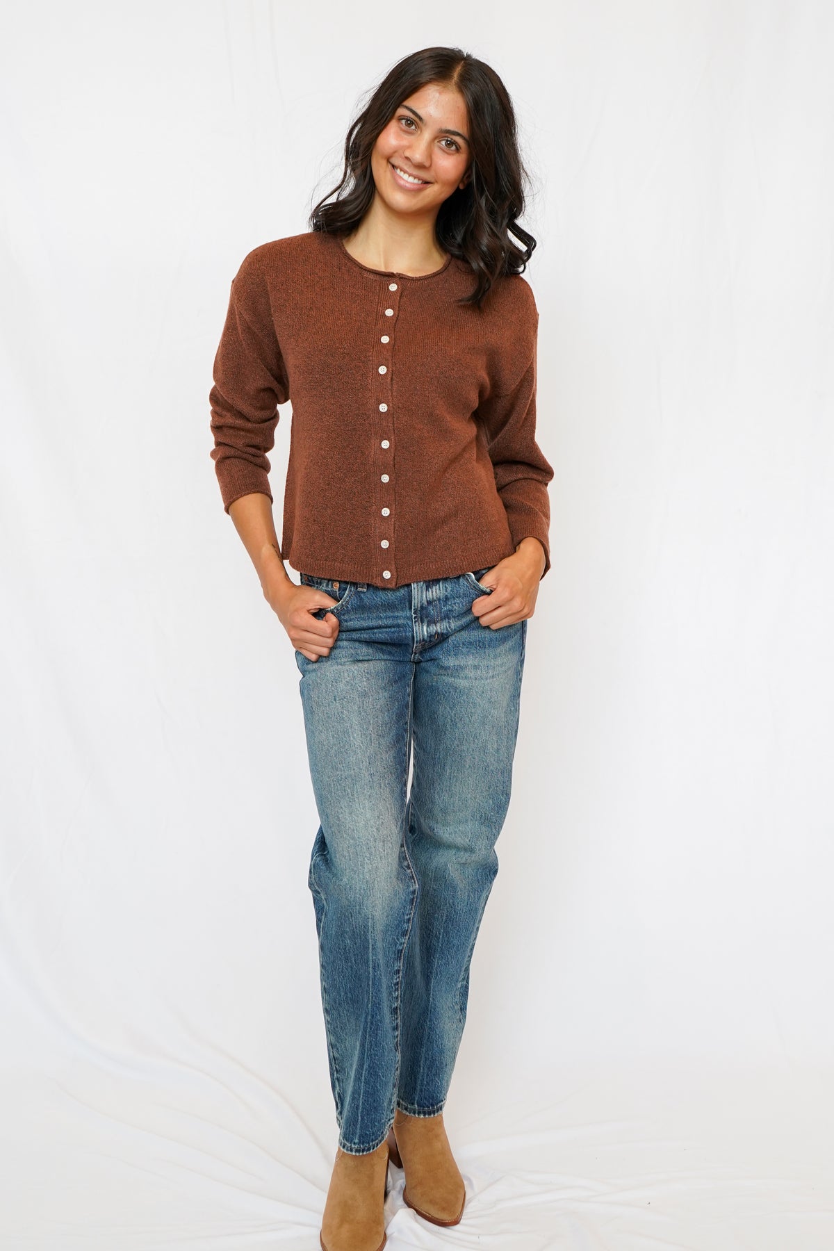 Dover Button Front Cardigan Sweater in Heather Mahogany