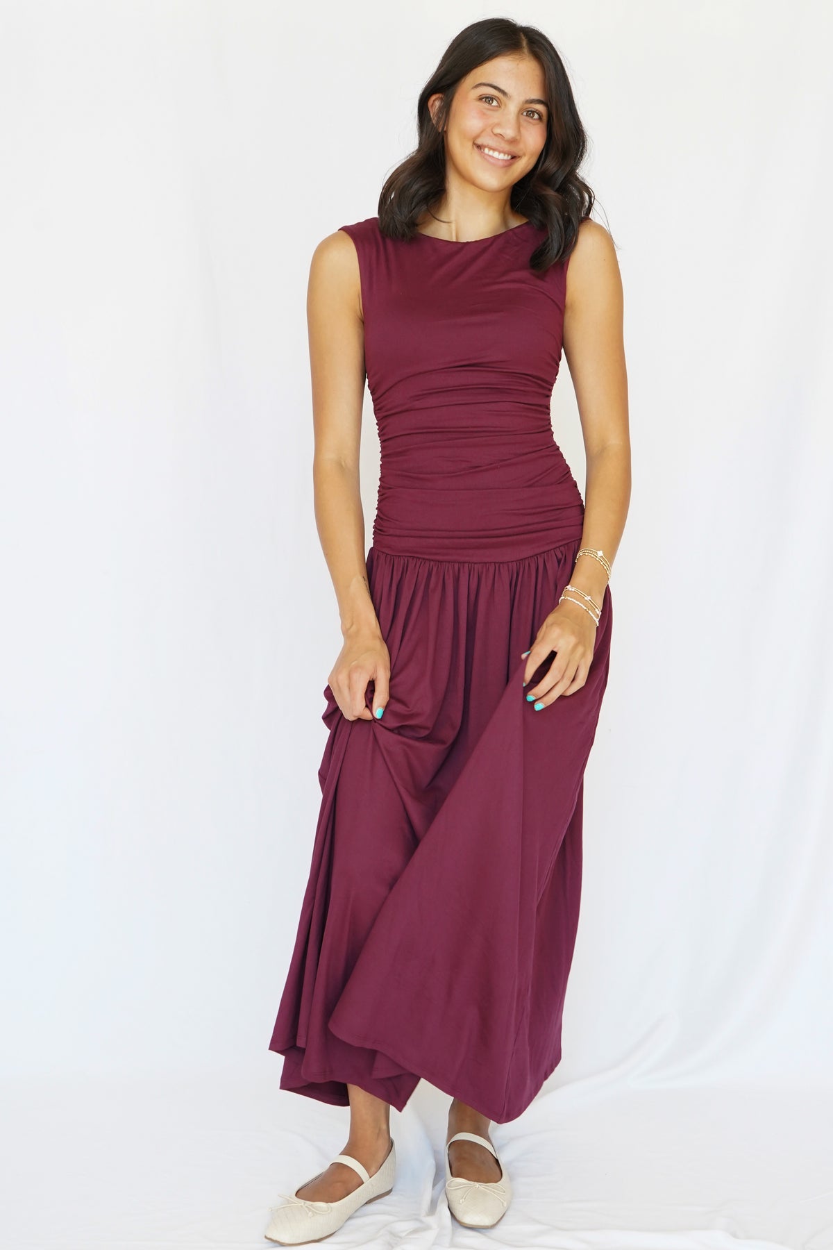 Anniston Ruched Side Sleeveless Dress in Burgundy