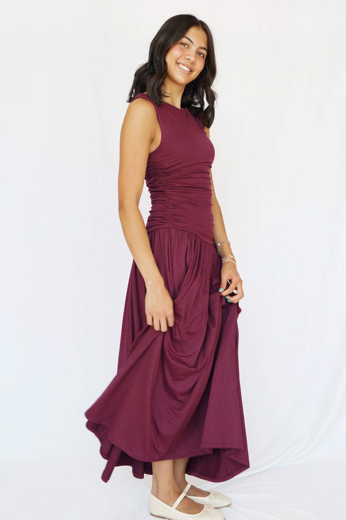 Anniston Ruched Side Sleeveless Dress in Burgundy