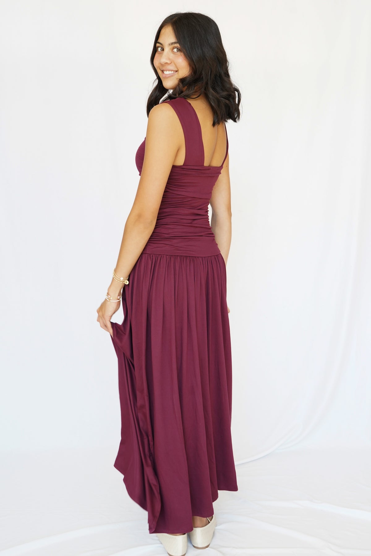 Anniston Ruched Side Sleeveless Dress in Burgundy