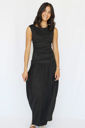 Anniston Ruched Side Sleeveless Dress in Black