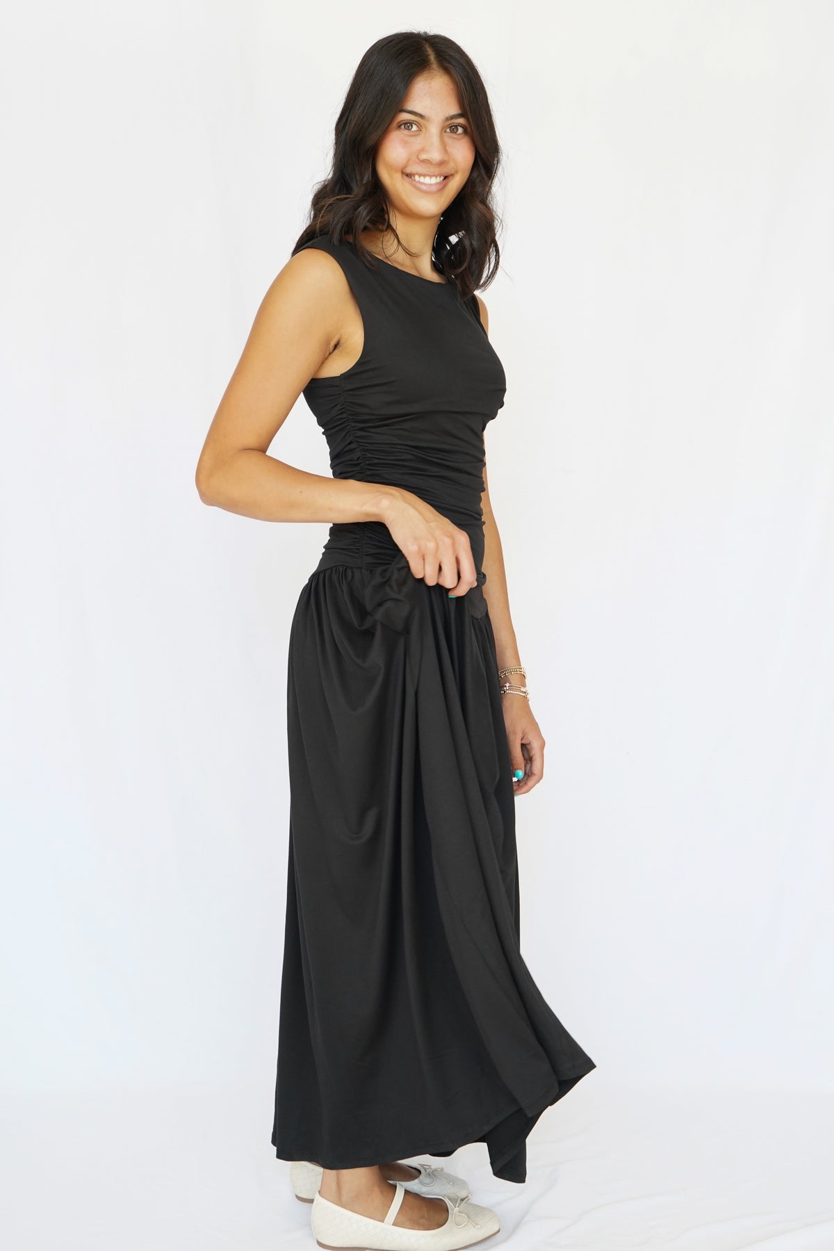Anniston Ruched Side Sleeveless Dress in Black