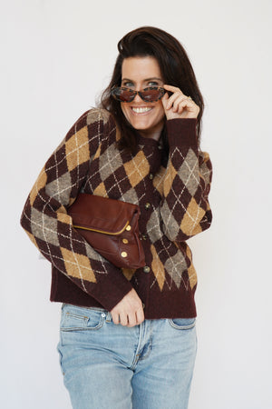 Argyle Cardigan Sweater in Wine