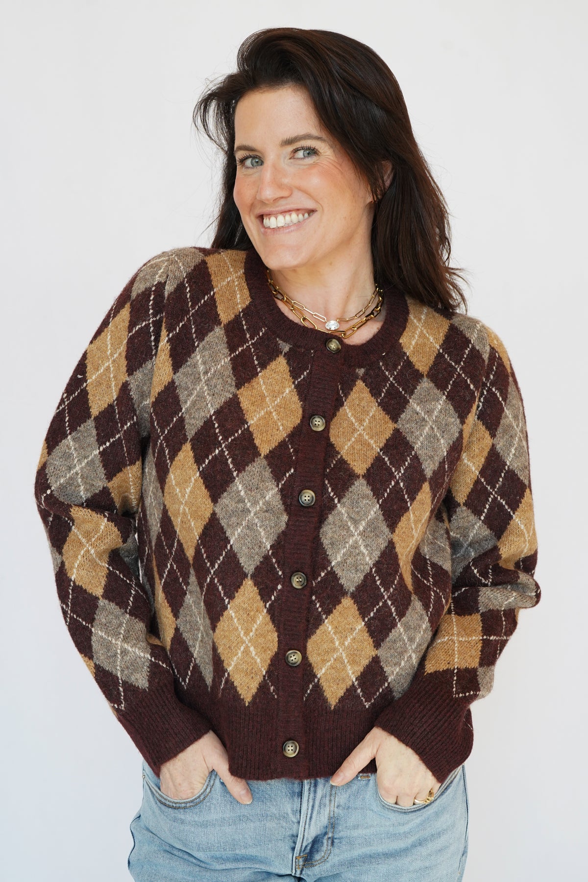 Argyle Cardigan Sweater in Wine