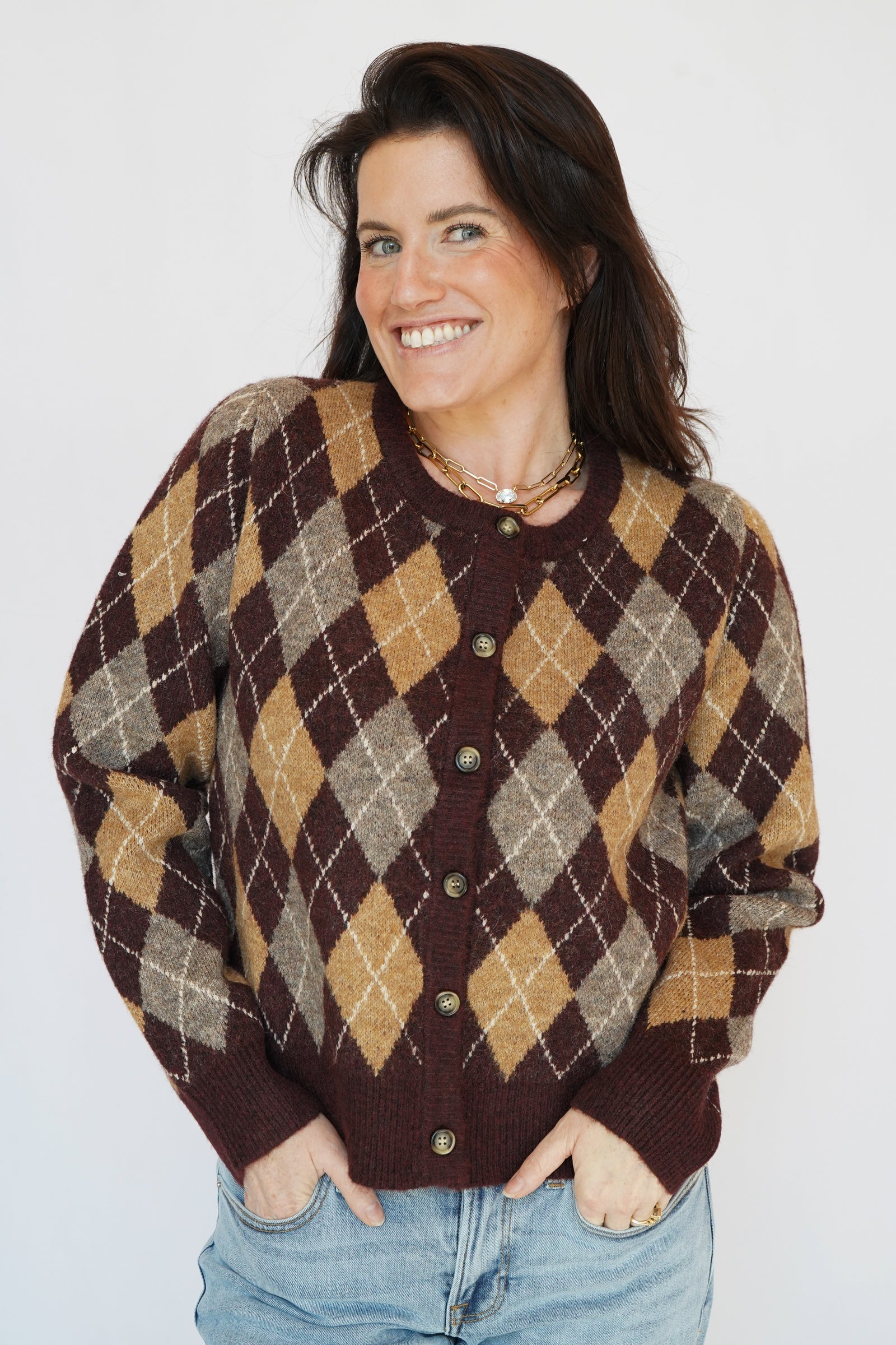 Argyle Cardigan Sweater in Wine